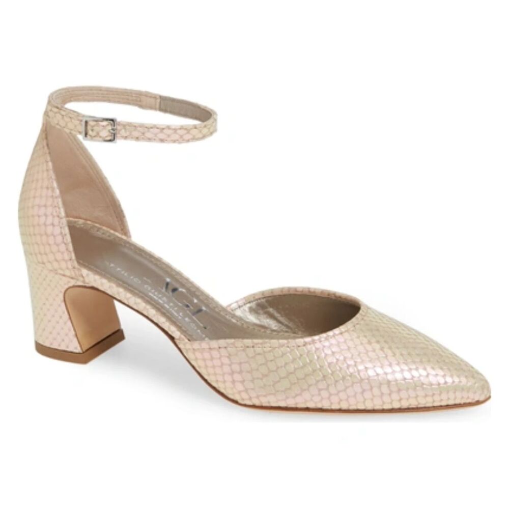 AGL D'Orsay Pink Pearlescent Snakeskin Ankle Strap Chunk Heels Size 9 US 39 EUR